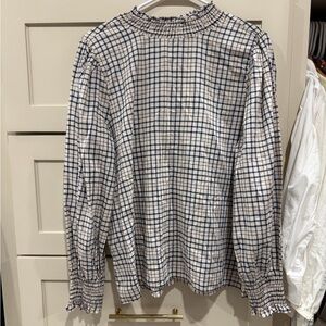 Ann Taylor Factory Blue & Cream Plaid Smocked-Neck Top